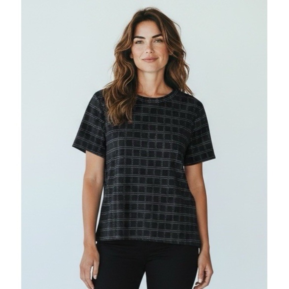 Anthropologie Postmark Women's L SS Crew Contrast Stitch Textured Top B&W Plaid